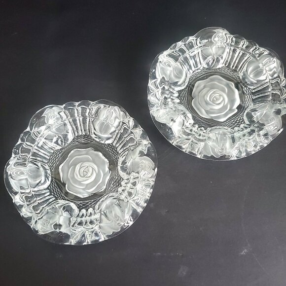 VTG Ashtrays 2pc Luxe Crystal Frosted Glass Roses Cigar Trinket Dish Bowl Chunky - Picture 1 of 8